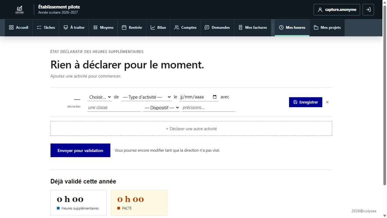 Écran COLYSEE de déclaration des heures supplémentaires avec saisie d’une activité et envoi pour validation.