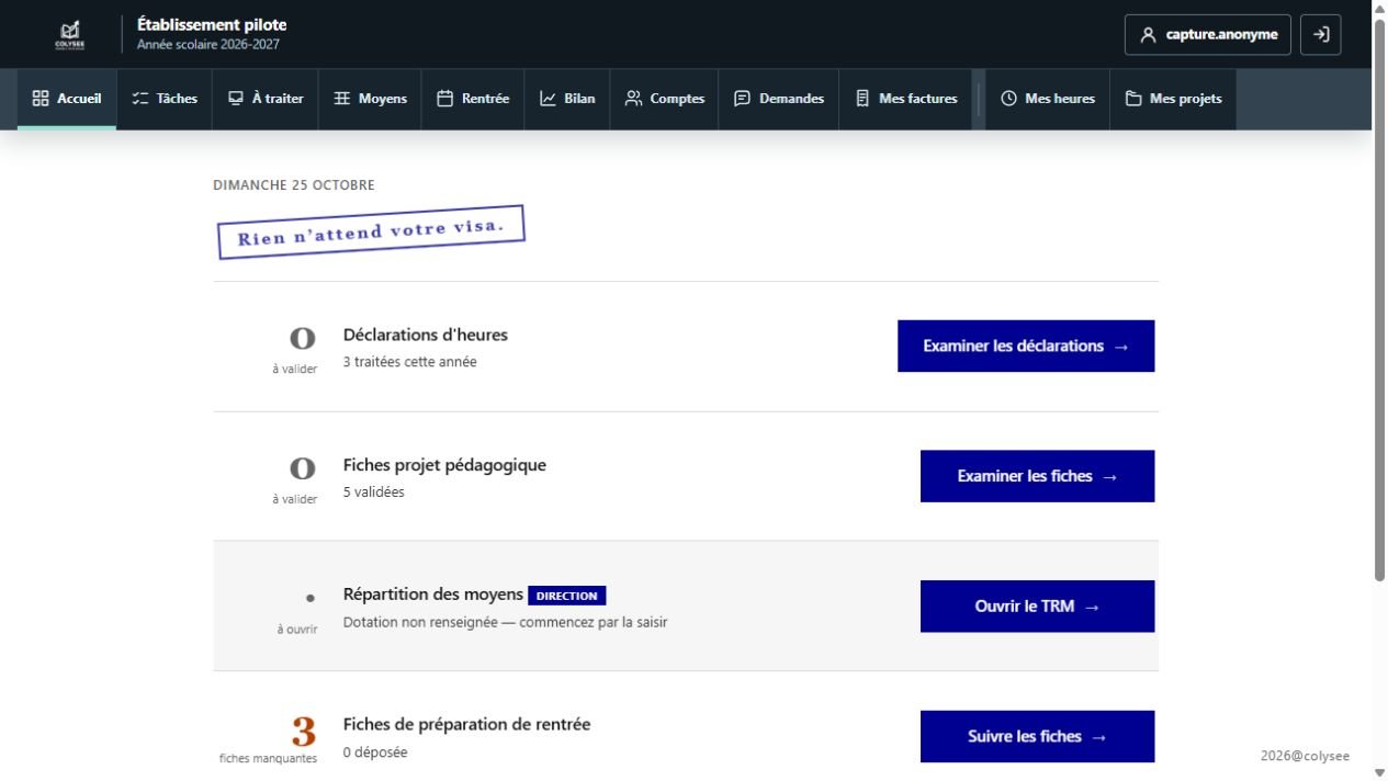 Tableau de bord direction COLYSEE présentant les dossiers à traiter et le tampon Rien n’attend votre visa.